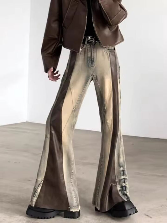Trashy Y2K 2000S Pu Leather Patchwork Slim Flare Jeans Pants For Men 90S Vintage Clothes Colorblock Denim Trousers Moda Hombre