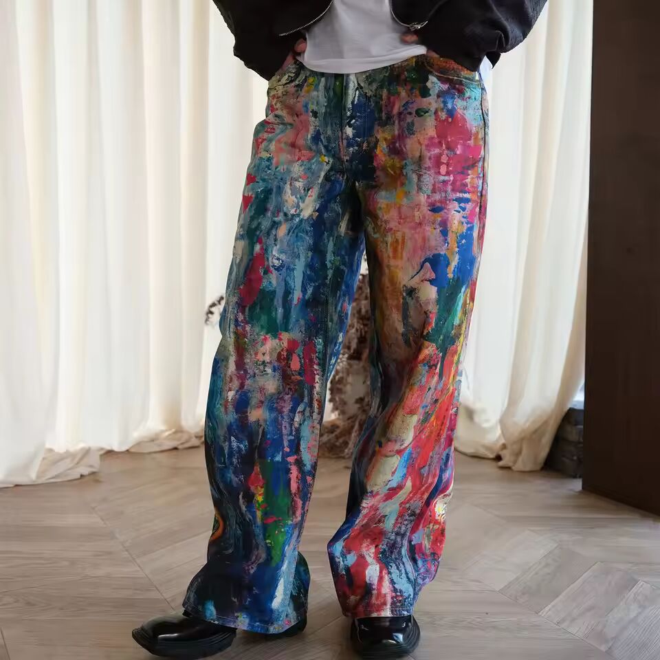 Denim Pant Women Men Print Jeans Wide Leg Long Pants Casual Loose High Waist Straight Trousers Y2k Streetwear Button Pocket