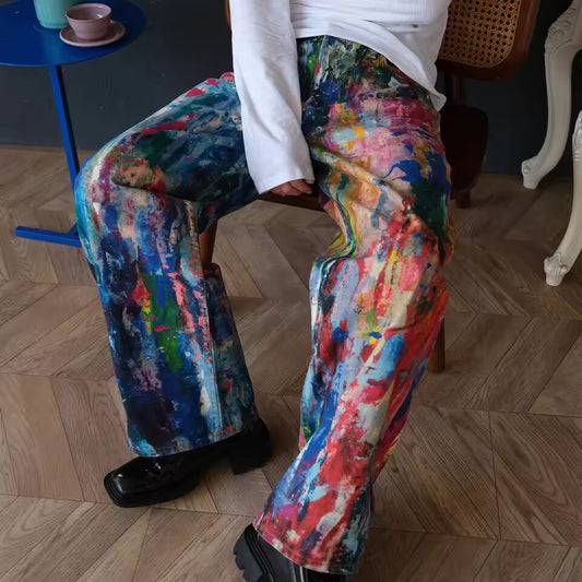 Denim Pant Women Men Print Jeans Wide Leg Long Pants Casual Loose High Waist Straight Trousers Y2k Streetwear Button Pocket